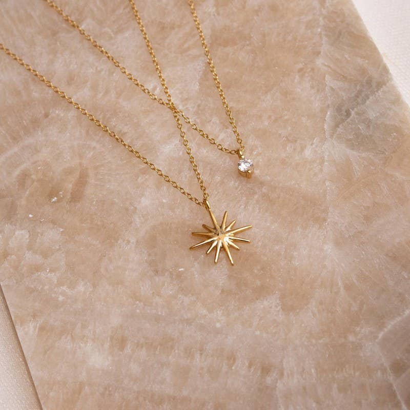 18k Gold Stainless Steel Starburst Charm Layered Necklace