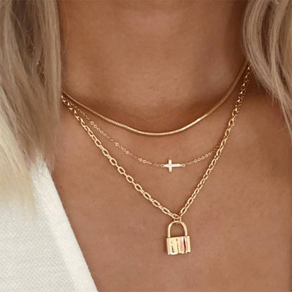 18k Gold Stainless Steel Layered Cross Lock Charm Pendant Necklace