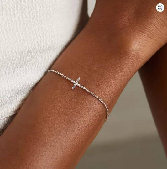 18k Gold Stainless Steel Minimalist Rhinestone Cross Bracelet