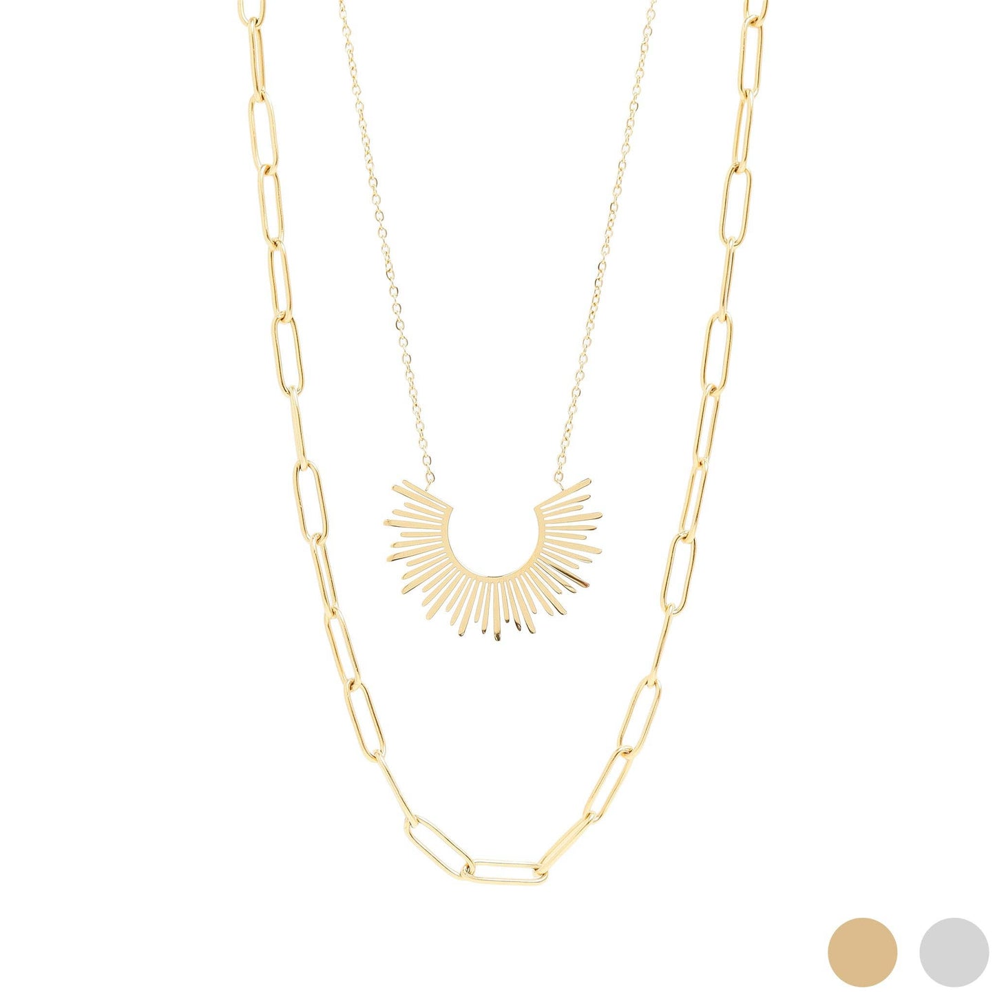 Gold necklace with a sunburst pendant on a white background