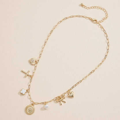 Charm Necklace with Heart, Cross, Compass & Bow Pendants