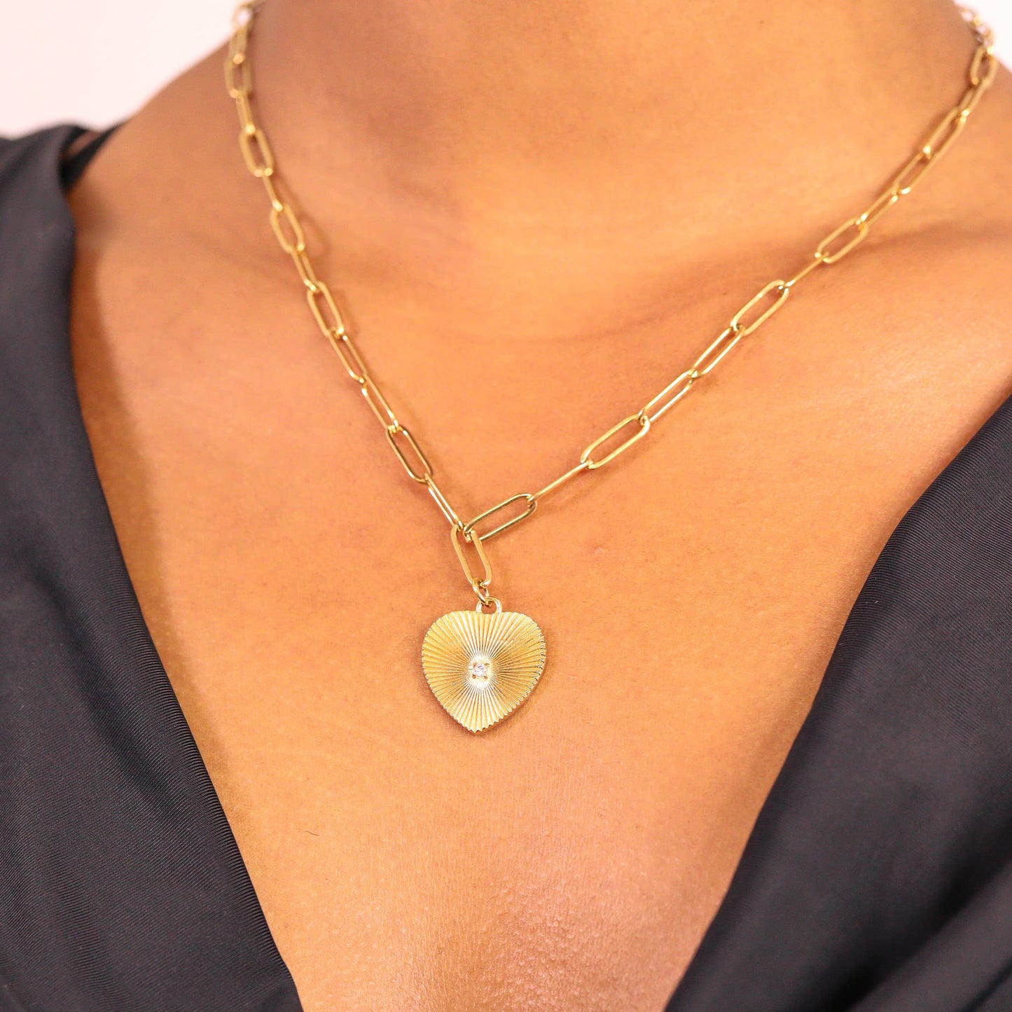 18K Gold PVD Stainless Steel Sunburst CZ Heart Paperclip Pendant Necklace