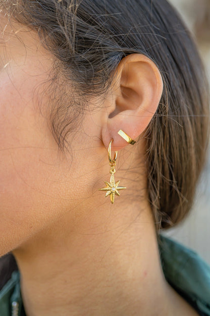 18K Gold PVD Stainless Steel Huggie with Compass Charm Earrings