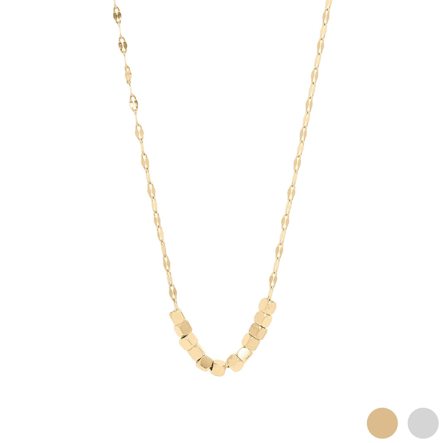 Gold necklace with geometric beads on a white background
