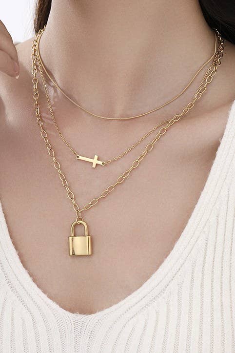 18k Gold Stainless Steel Layered Cross Lock Charm Pendant Necklace