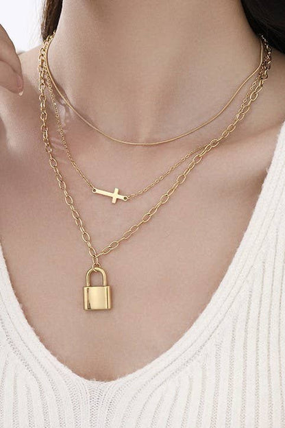 18k Gold Stainless Steel Layered Cross Lock Charm Pendant Necklace