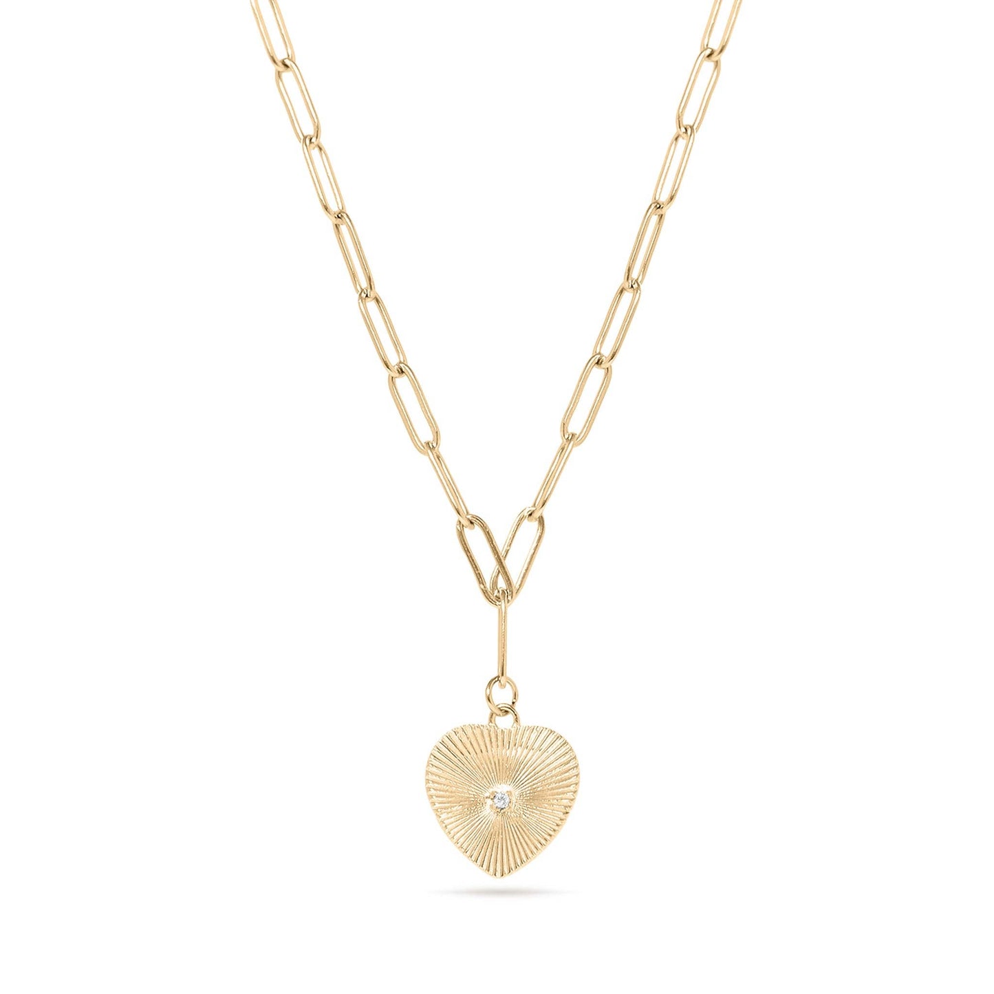 18K Gold PVD Stainless Steel Sunburst CZ Heart Paperclip Pendant Necklace
