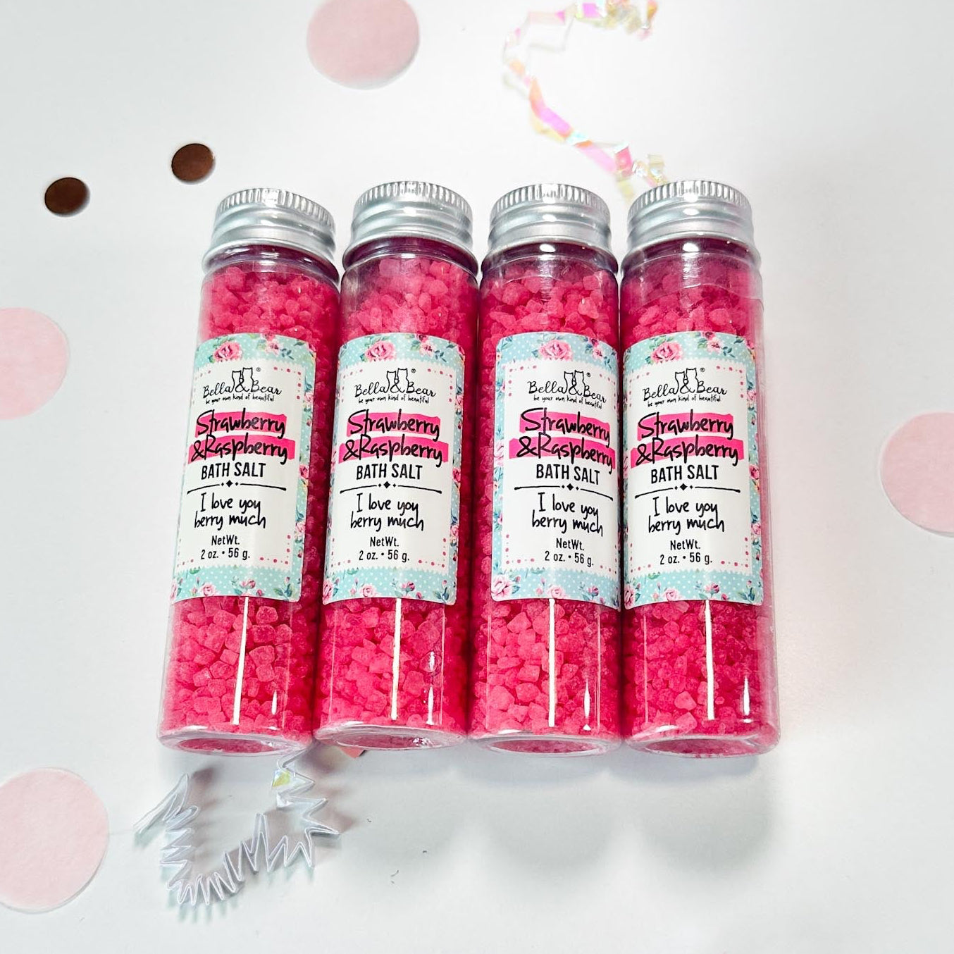 Set of 4 Mini Travel Bath Salts | Strawberry & Raspberry | I Love You Berry Much