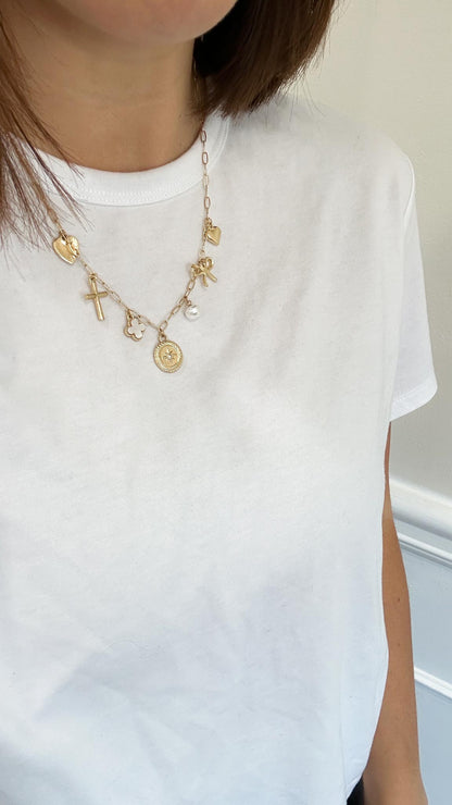 Charm Necklace with Heart, Cross, Compass & Bow Pendants