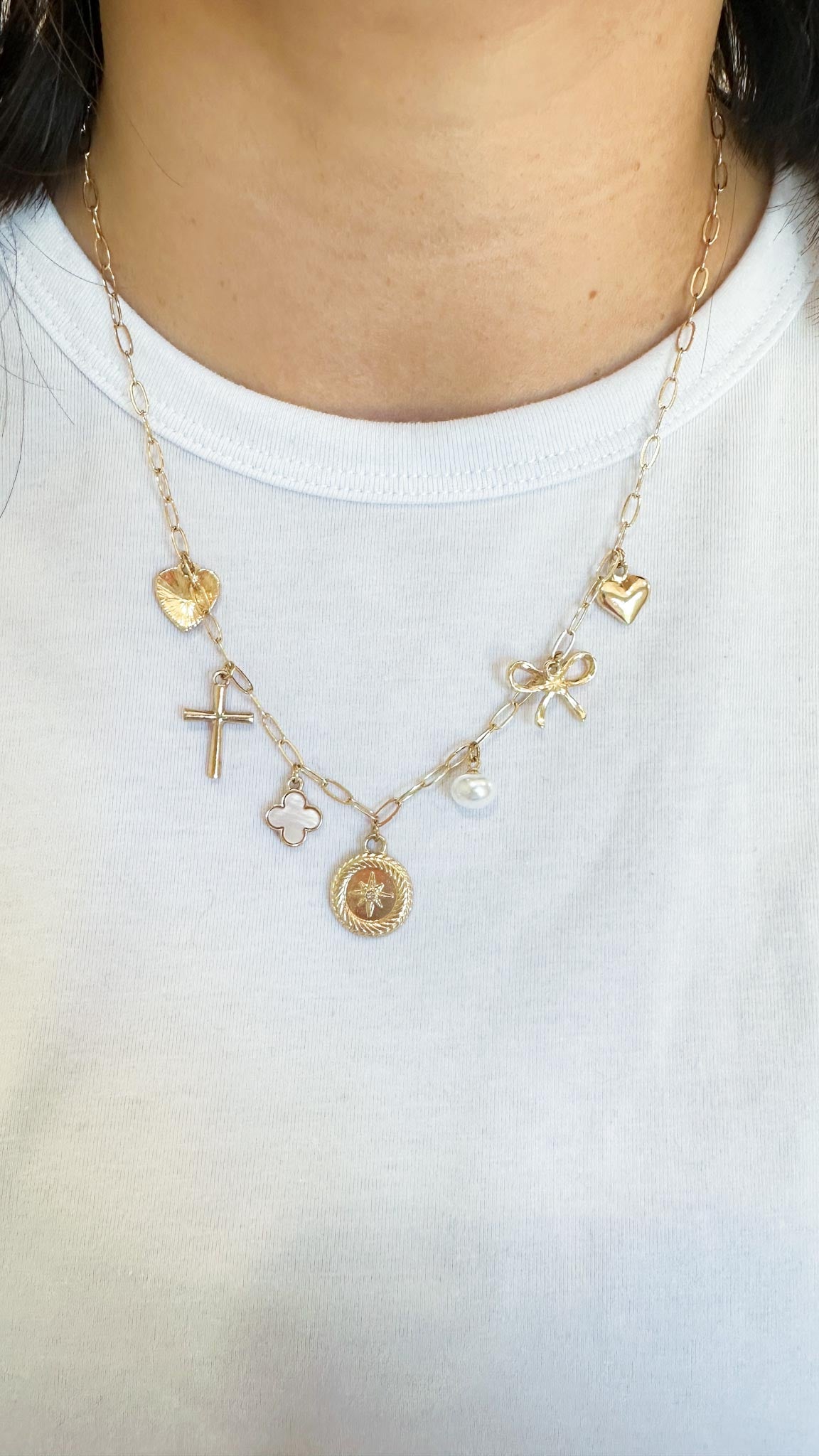 Charm Necklace with Heart, Cross, Compass & Bow Pendants