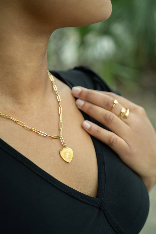 18K Gold PVD Stainless Steel Sunburst CZ Heart Paperclip Pendant Necklace