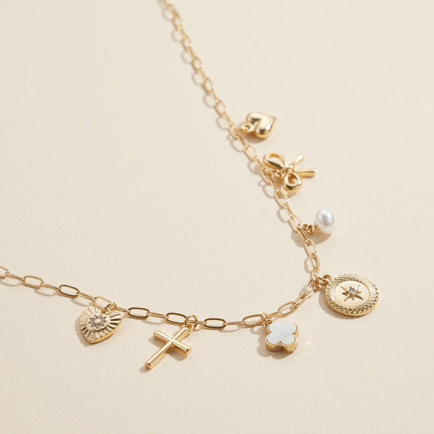 Charm Necklace with Heart, Cross, Compass & Bow Pendants