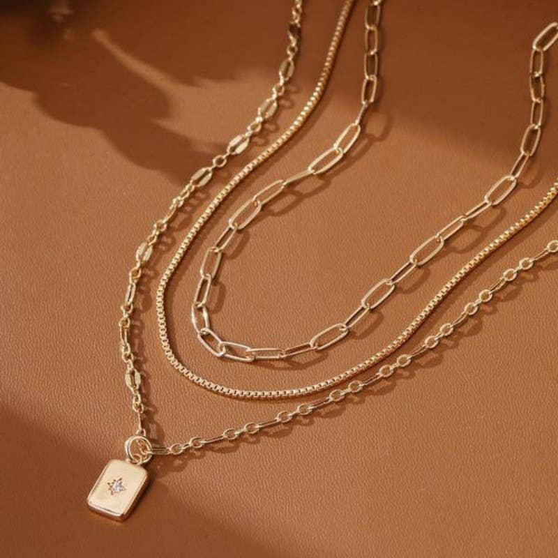 18K Gold Stainless Steel Rectangle Charm Layered Necklace