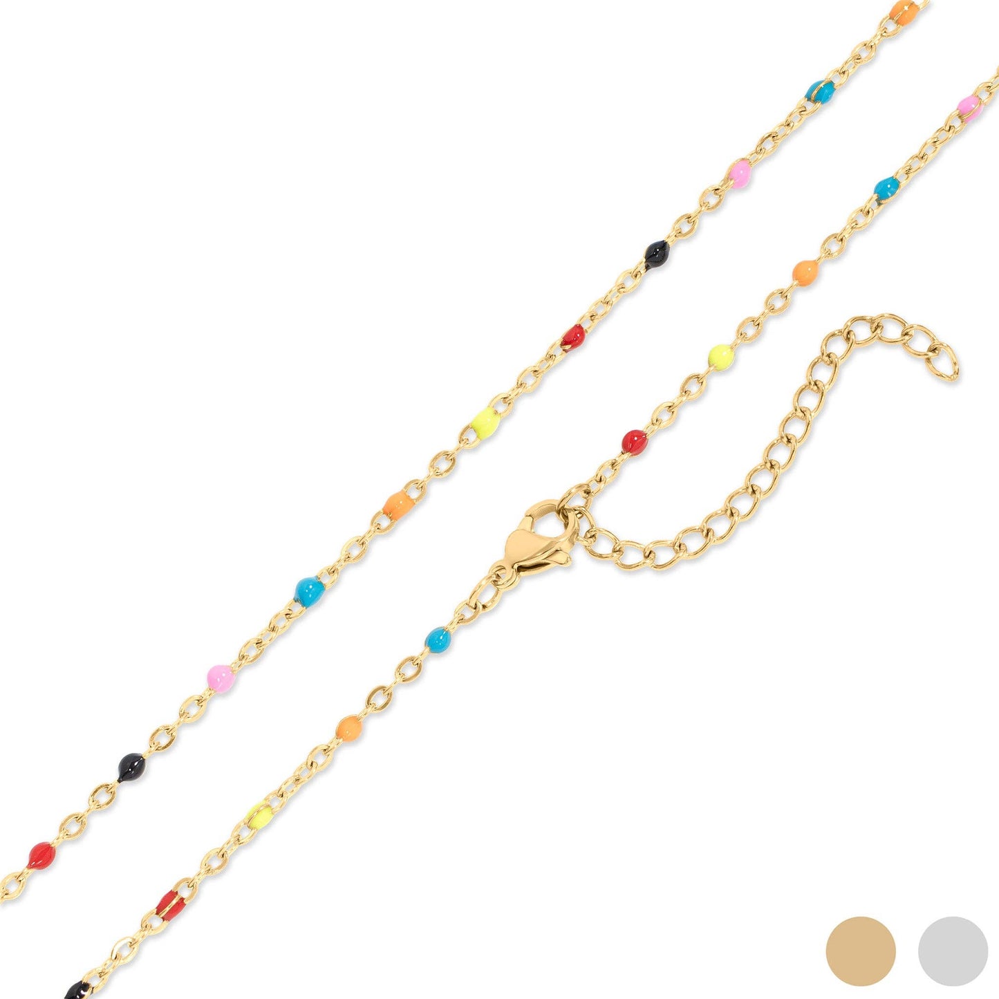Gold chain necklace with colorful beads on a white background