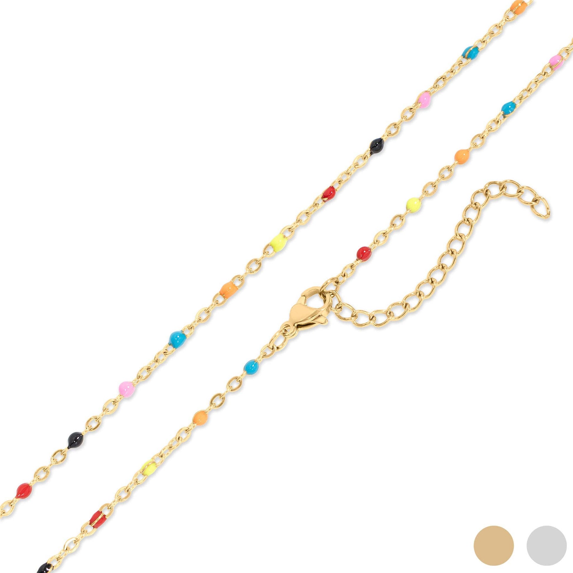 Gold chain necklace with colorful beads on a white background