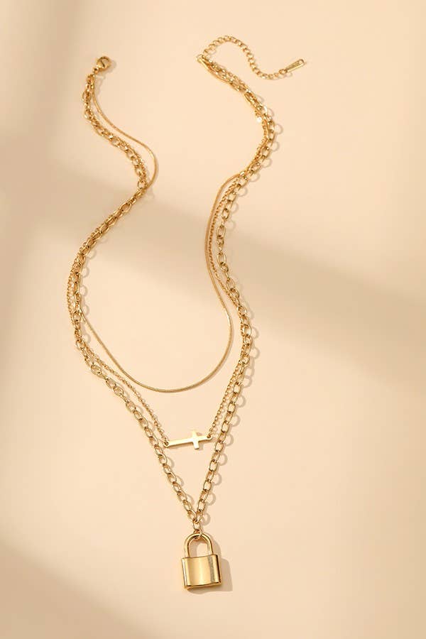 18k Gold Stainless Steel Layered Cross Lock Charm Pendant Necklace