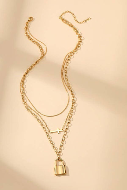 18k Gold Stainless Steel Layered Cross Lock Charm Pendant Necklace