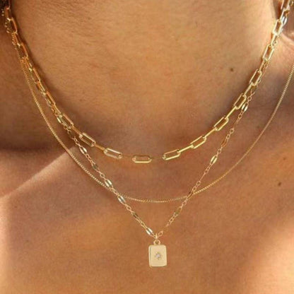 18K Gold Stainless Steel Rectangle Charm Layered Necklace