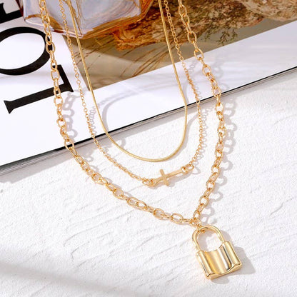 18k Gold Stainless Steel Layered Cross Lock Charm Pendant Necklace