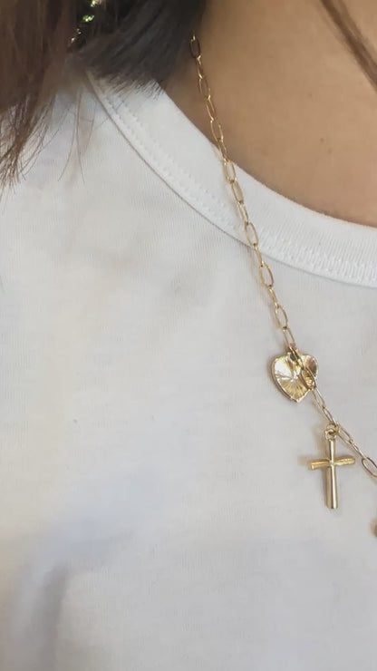 Charm Necklace with Heart, Cross, Compass & Bow Pendants